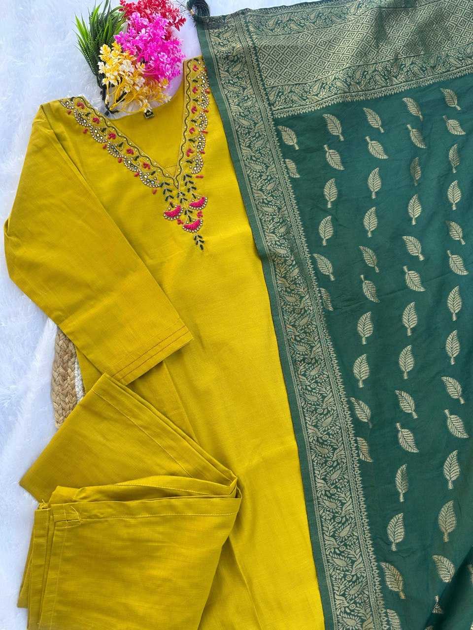 Yellow Embroidred Cotton Kurtis